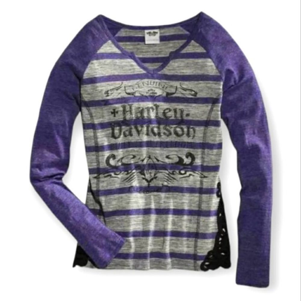 Harley Davidson Purple/ Grey Long Sleeve Lace Side Inset Striped Top Sz L